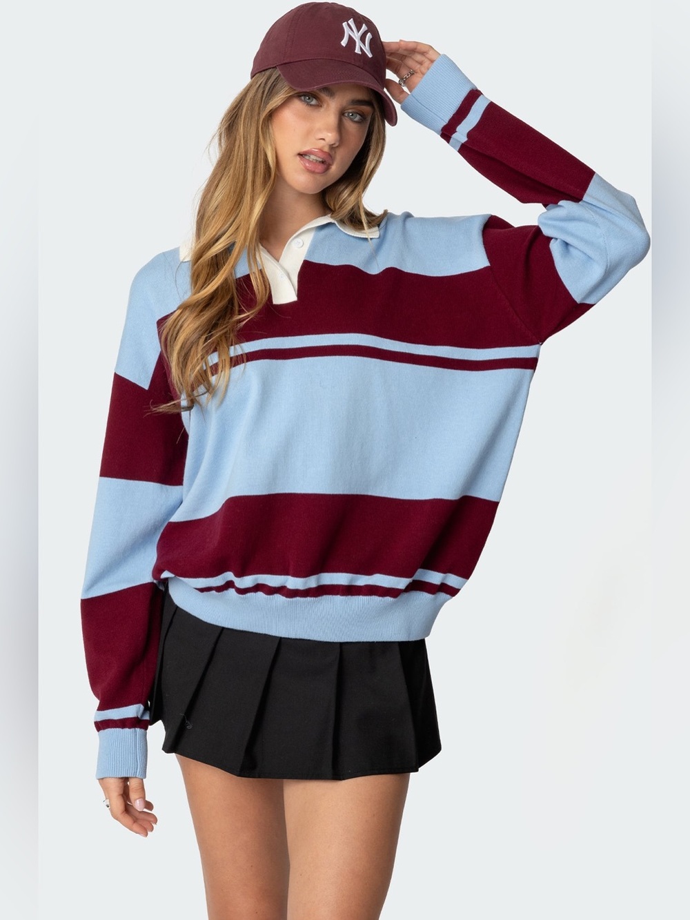 Edikted Kian Striped Polo Sweater Blue Burgundy Size M NWOT